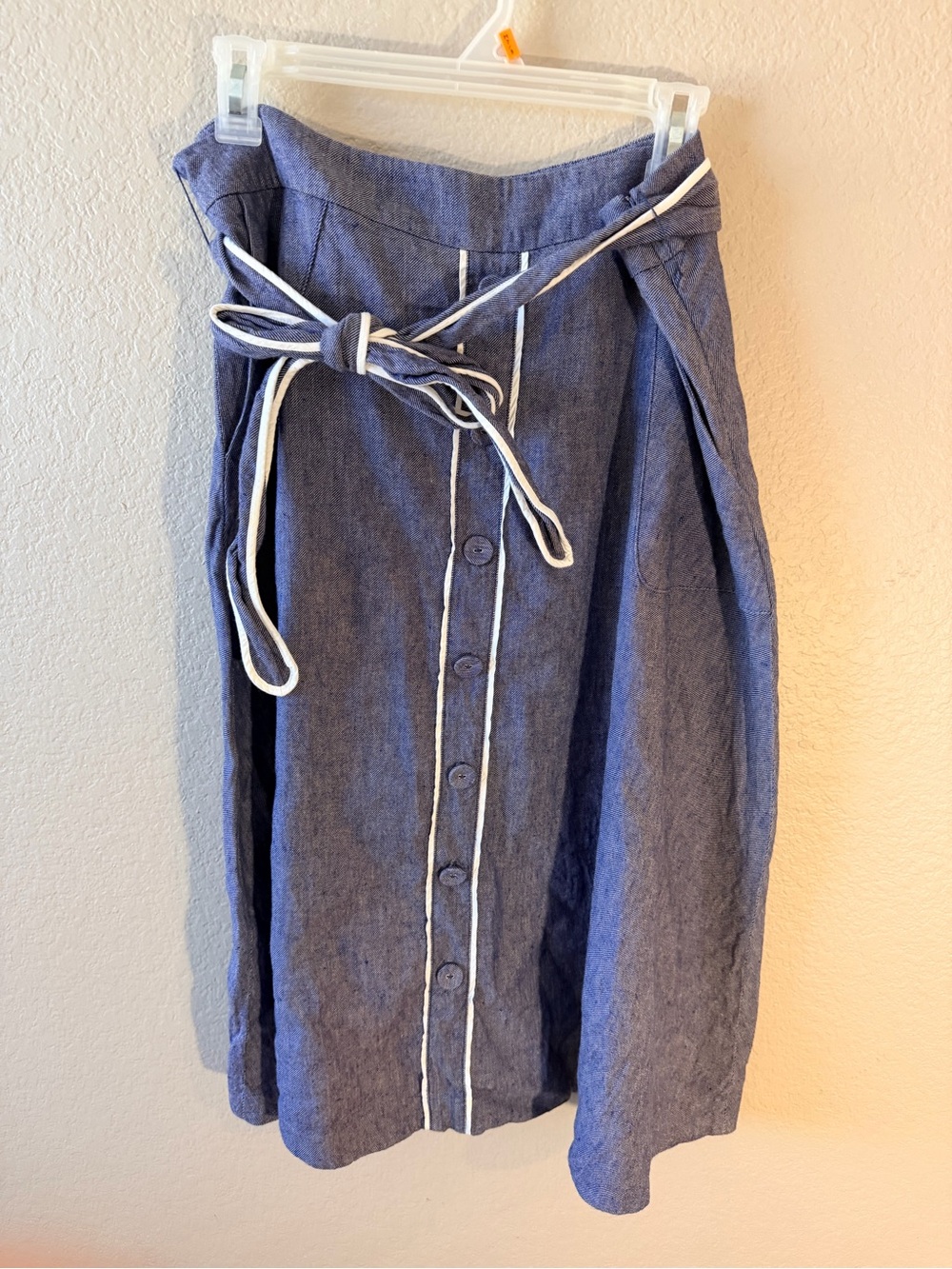 Talbots Blue Midi Button-Front Skirt with White Piping and Self-Tie